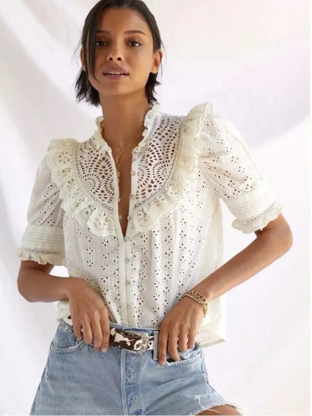Love The Label Dreamer Ruffled Eyelet Embroidered Boho Blouse Women Size S